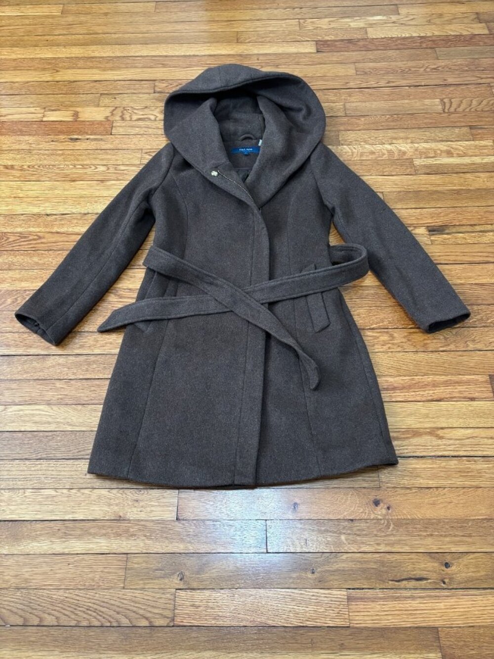 Cole Haan Womens Coat Size 8 Brown Wool Blend Hooded Belted Full Zip Overcoat